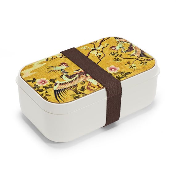 Vintage Chinoiserie Phoenix Floral Bento Lunch Box, Yellow Asian