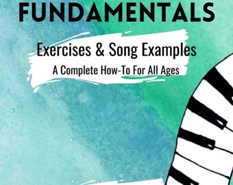 May include: A book cover with a blue and green watercolor background. The title is "Fake Book Fundamentals: Exercises & Song Examples. A Complete How-To For All Ages." The author is "Holly J. McCann". A black and white piano keyboard is on the right side of the cover.