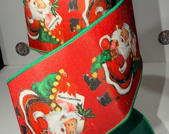 4” x 10 Yard roll La Ribbons Vintage Santa Wired Ribbon Red Fused