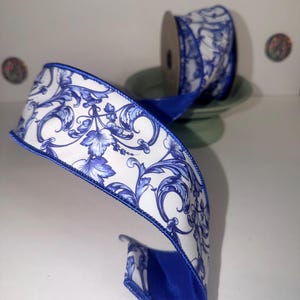2-1/2 x 10 Yard roll D.Stevens Blue Acanthus Scroll Wired Ribbon