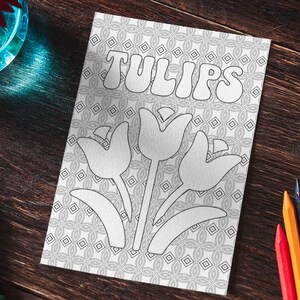 Tulips Coloring Page, Adult Coloring Page, Flower Coloring Page, Digital Download, Printable Artwork, Stress Relieving Patterns