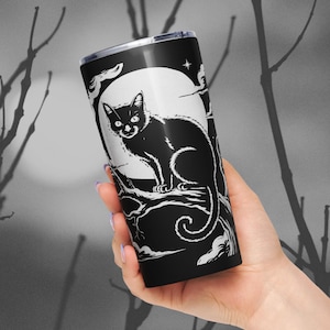 Gothic Black Cat 20 oz Insulated Stainless Steel Tumbler - Full Moon Starry Night Mug - Spooky Halloween Goth Cup