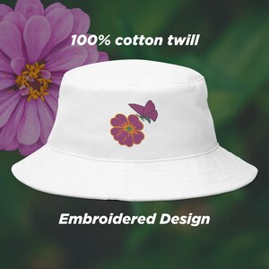 Zinnia-Inspired Butterfly Bucket Hat, Cosmos-Inspired Flower Embroidery, 100% Cotton Twill Sun Hat, Wildflower Cottagecore Gift for Her