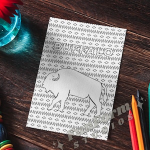 Página para colorear de búfalo, descarga digital, página para colorear imprimible, actividad para colorear para adultos, descarga instantánea, carta de EE. UU. de 8,5 x 11