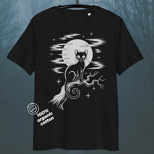 Cute Spooky Cat Organic Cotton Oversized T-Shirt, Halloween Moon Graphic Tee, Kawaii Goth Witchcore Fall Aesthetic Top, Gift for Cat Lovers