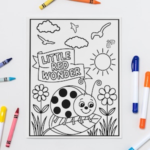 Ladybug Coloring Page, Cute Bug on Leaf with Flowers, Kids and Adult Nature Printable, Fun Insect Digital Download PDF JPEG PNG