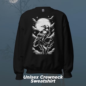 Gothic Raven Crewneck Sweatshirt, Dark Academia Crow Moon Graphic Pullover, Vintage Goth Girl Aesthetic Gift, Alternative Punk Halloween Top