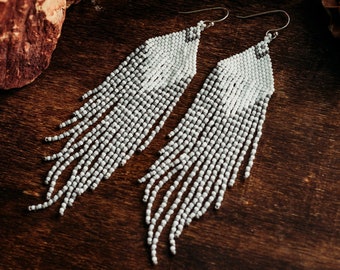 Gray & White Feathered Fringe Earrings | Handmade Seed Bead Earrings | Boho Statement Jewelry | Unique Gift for Her