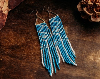 Stone Blue & Iridescent LONG Triangle Fringe Earrings | Handmade Seed Bead Earrings | Boho Statement Jewelry | Unique Gift for Her