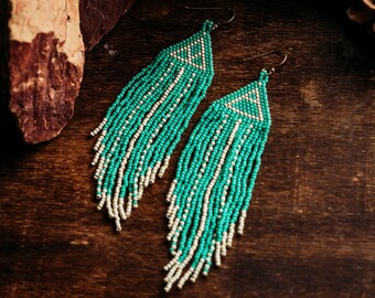 Green & Beige Glyph Fringe Earrings | EXPLORE | TRANSITION | Handmade Seed Bead Earrings | Boho Statement Jewelry |