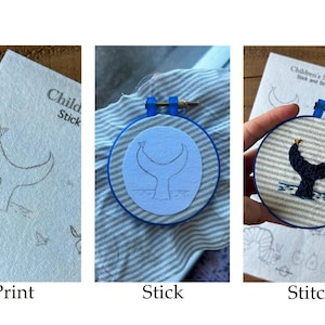 May include: A three-panel image showing the process of creating an embroidery piece. The first panel shows a printed design of a whale tail. The second panel shows the design traced onto fabric in a blue hoop. The third panel shows the finished embroidery.
