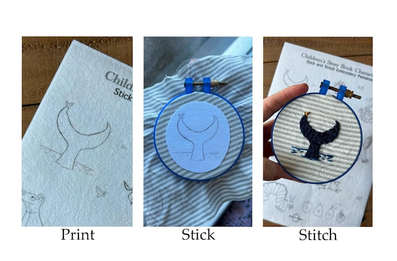 May include: A three-panel image showing the process of creating an embroidery piece. The first panel shows a printed design of a whale tail. The second panel shows the design traced onto fabric in a blue hoop. The third panel shows the finished embroidery.