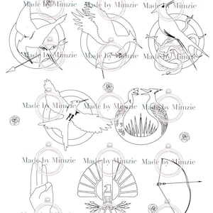 May include: Black and white embroidery patterns featuring designs from The Hunger Games. Includes a mockingjay, hand salute, bow and arrow, and other symbols. Text at the top reads "THE HUNGER GAMES: STICK AND STITCH EMBROIDERY PATTERNS."