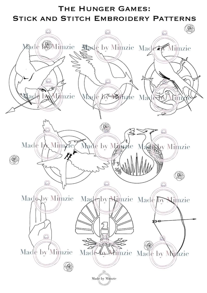 May include: Black and white embroidery patterns featuring designs from The Hunger Games. Includes a mockingjay, hand salute, bow and arrow, and other symbols. Text at the top reads "THE HUNGER GAMES: STICK AND STITCH EMBROIDERY PATTERNS."