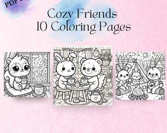 Cozy Friends Coloring Book,  10 Printable Coloring Pages, Adult Coloring, Cozy Coloring, Instant Download Coloring, Cute Coloring Book