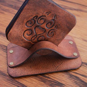 Celtic Wolf Paw Print Coasters. This handmade leather Coaster Set is a perfect housewarming gift for dog lovers or a special birthday gift.