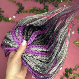 Tresses synthétiques doubles ombrées grises noires et violettes, Extension de dreadlocks de style viking, tresses gris violet foncé, Extension de cheveux