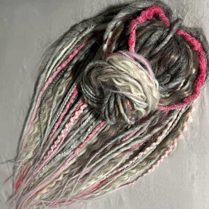 Boho style Pink Gray Synthetic Curly Dreadlocks Extension, DE or SE Grey Curls with Scandinavian Braids Dreads, Viking Wavy Hair Extensions
