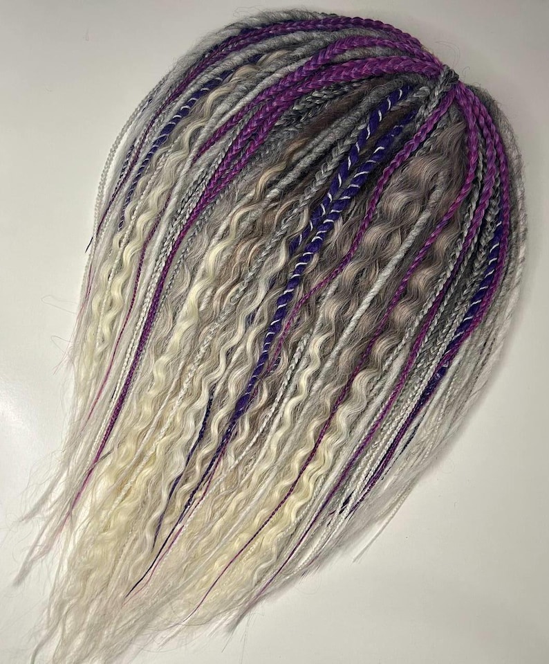 5-55 Ombre Handmade Dreadlocks, Viking style Dreads, Dreadlock Extensions, Synthetic Double ended Dread, Grey Dreads, Blond Hair, violet braids, dreads, dreadlocks, ombre hairs, black grey dread, grey dreadlock, DE and SE dreadlock, braids, curls