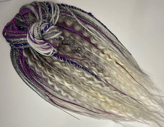 5-55 Gray Ombre Handmade Dreadlocks, Curly Viking style Dreadlock Extensions, Violet Braids, Wavy Synthetic Double ended Dread, Gray Curls