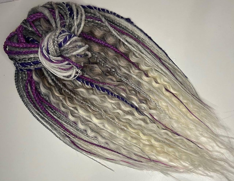 5-55 Ombre Handmade Dreadlocks, Viking style Dreads, Dreadlock Extensions, Synthetic Double ended Dread, Grey Dreads, Blond Hair, violet braids, dreads, dreadlocks, ombre hairs, black grey dread, grey dreadlock, DE and SE dreadlock, braids, curls