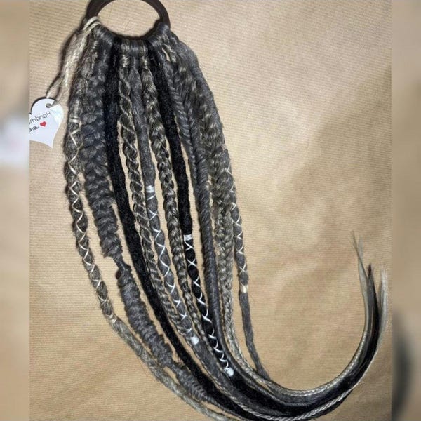 Gray Synthetic Handmade Braids Dreads, Viking Ponytail Hair Extension