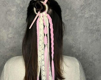 Horquilla rosa estilo bohemio para rastas, pasador de aro trenzado hecho a mano con encaje