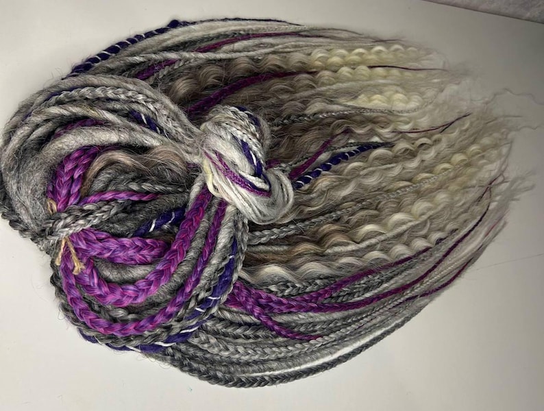 5-55 Ombre Handmade Dreadlocks, Viking style Dreads, Dreadlock Extensions, Synthetic Double ended Dread, Grey Dreads, Blond Hair, violet braids, dreads, dreadlocks, ombre hairs, black grey dread, grey dreadlock, DE and SE dreadlock, braids, curls