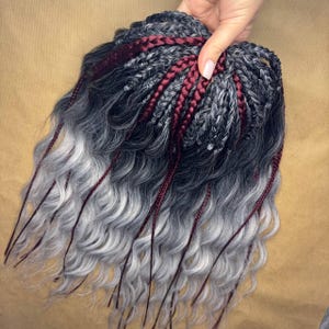 5-55 Gray Ombre Handmade Dreadlocks, Curly Viking style Hairs Extensions with Burgundy Braids, Wavy Synthetic DE or SE Dreads