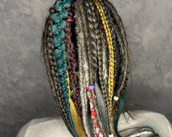 3 Elastic tie Braids Together, Viking style HairBands, Viking Style Ponitail hair, Handmade Synthetic Dark Braids & Dreads on Elastic Band