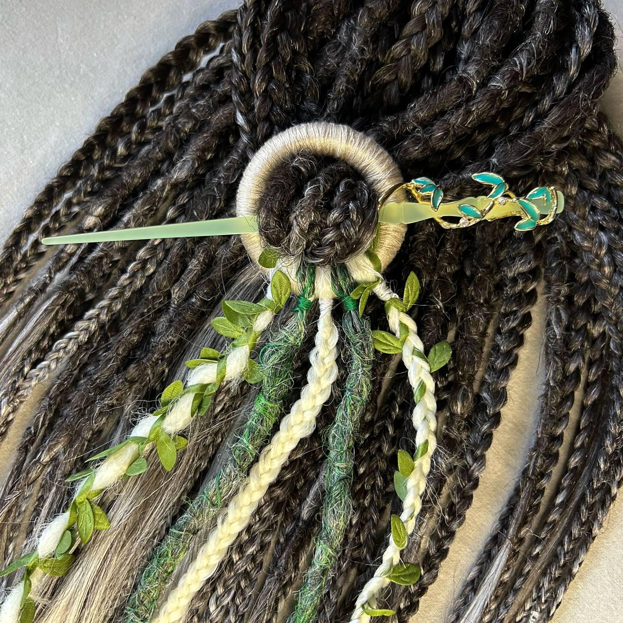 Green Hairpin for Dreadlocks, Forest Vibes Dreads Ring Barrette