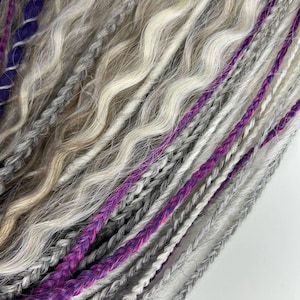 5-55 Ombre Handmade Dreadlocks, Viking style Dreads, Dreadlock Extensions, Synthetic Double ended Dread, Grey Dreads, Blond Hair, violet braids, dreads, dreadlocks, ombre hairs, black grey dread, grey dreadlock, DE and SE dreadlock, braids, curls