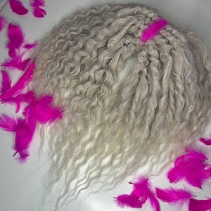 May include: A long, wavy, silver-grey wig with a loose, textured curl pattern. The wig is styled with a centre parting and falls to the shoulders.