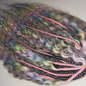 Gray Pink & Rainbow Handmade Curly Dreadlocks, DE/SE Viking style Dreadlock Extensions, Wavy Synthetic Dreads, Gray Pink Rainbow Curls