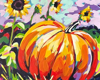 Fall Pumpkin Painting, Vibrant original acrylic painting on wrapped canvas board