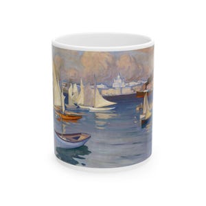 Serene Sailboat Ceramic Mug, Nautical Coffee Cup, Gift for Sailors, Beach Lover&#39;s Mug, Art-Inspired Drinkware