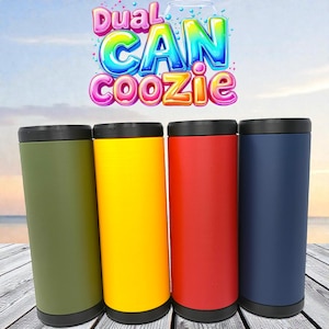 May include: Four cylindrical can coolers with black rims and bases, featuring matte finishes in olive green, bright yellow, vibrant red, and navy blue. The text Dual CAN coozie appears in a colorful, bubble-style font above the four items.