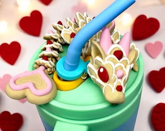 NEW! Baby Sugar Heart Cookie Dragon – 3D Printed Articulated Fidget Toy | optional with Straw Topper Charm and Thoughtful Valentine