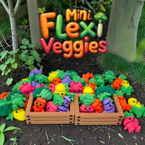 May include: A collection of colorful, miniature "Mini Flexi Veggies" toys, including carrots, broccoli, corn, and beets, arranged in small wooden crates. The toys are brightly colored and have smiling faces. The image is set outdoors with a green background.