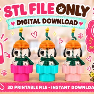 May include: A digital 3D printable STL file for a cup holder accessory featuring a cartoon dog character wearing an orange beanie and a green scarf. The design includes a straw topper and a base in hot pink, turquoise, or light pink colors.