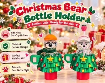 Christmas Car Cup Holder for Bear Glass and Dog Glass Bottle, 3D Printed Tree Bottle Stand, Xmas Car Accessory, Made in USA