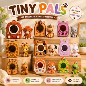 May include: A collection of Tiny Pals animal figurines and matching small backpacks. The set includes a highland cow, horse, cat, giraffe, dog, rabbit, bear, fox, and parrot, each paired with a themed carrying case featuring a circular window.