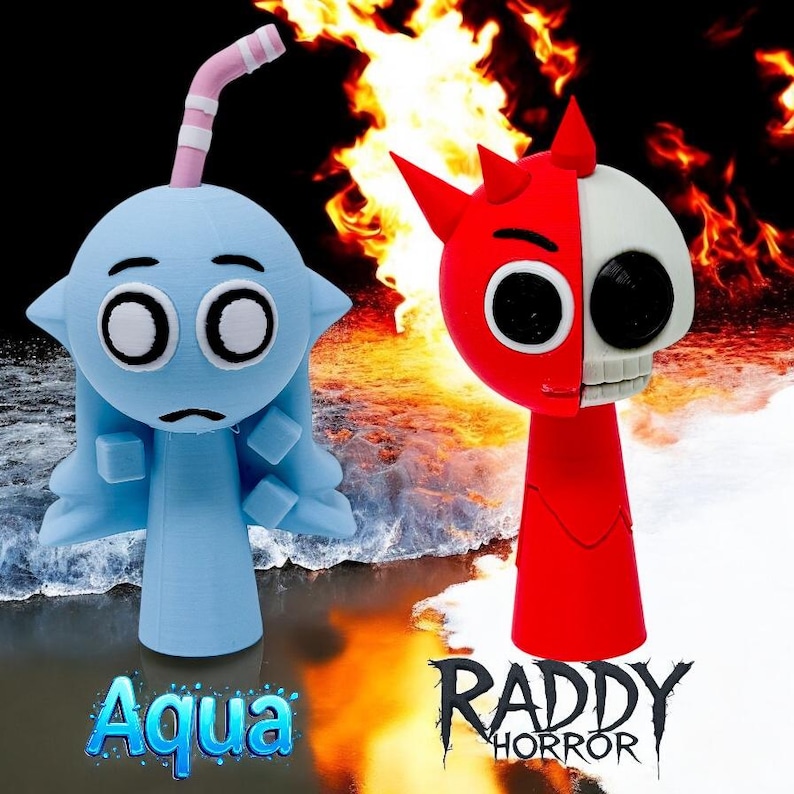 Puede incluir: Dos figuras impresas en 3D, una azul con una pajita y la palabra "Aqua" debajo, la otra roja con una cara de calavera y las palabras "Raddi Horror" debajo.