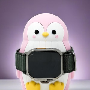Lindo soporte de carga para Apple Watch con forma de pingüino: adorable diseño de pingüino rosa con soporte seguro para todos los modelos de Apple Watch