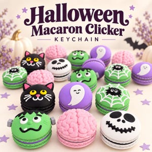 May include: A collection of Halloween Macaron Clicker keychains featuring various designs including black cats, pink brains, green monsters, white skulls, and purple ghosts. The text "Halloween Macaron Clicker KEYCHAIN" is displayed at the top.