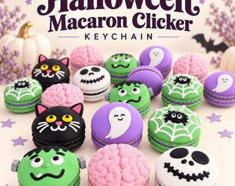 Halloween Macaron Clicker Keychain, 3D Printed Fidget Toy, Spooky Ghost Skull Black Cat Brain Charm, Trick or Treat Gift, Made in USA