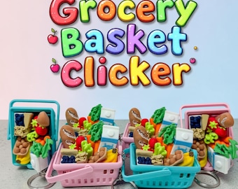 Mini porte-clés clic-clac d'épicerie | Jouet agité imprimé en 3D | Joli porte-clés panier de nourriture | Clicker sensoriel | Cadeau pour enfants et adultes