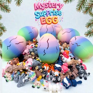 May include: A collection of pastel-colored surprise eggs with a cracked design, surrounded by miniature animal figurines. The eggs feature a gradient of colors, and the text "Mystery Surprise Egg" is displayed at the top.