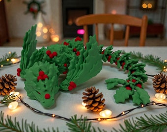 Dragón articulado navideño Holly / Juguete de dragón navideño impreso en 3D / Criatura de fantasía flexible / Regalo navideño único