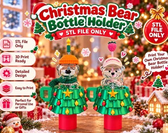 Christmas Tree Bottle Holder 3D Print File Set, Bear and Dog Glass Car Cup Holder, 3MF File, Holiday Stand, Digital Download